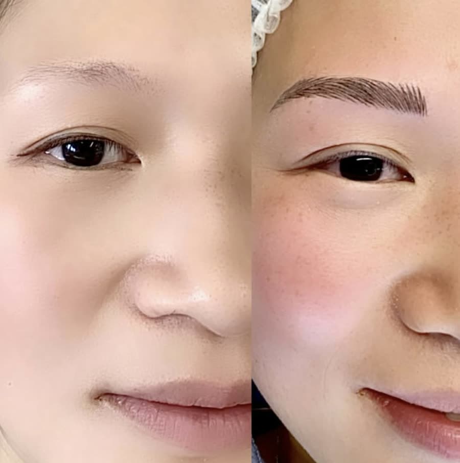 Full Face Eyebrow Transformation Complete eyebrow microblading before and after showing a full facial balance change, treatment by Mana Semipermanent in Jesmond, Newcastle.