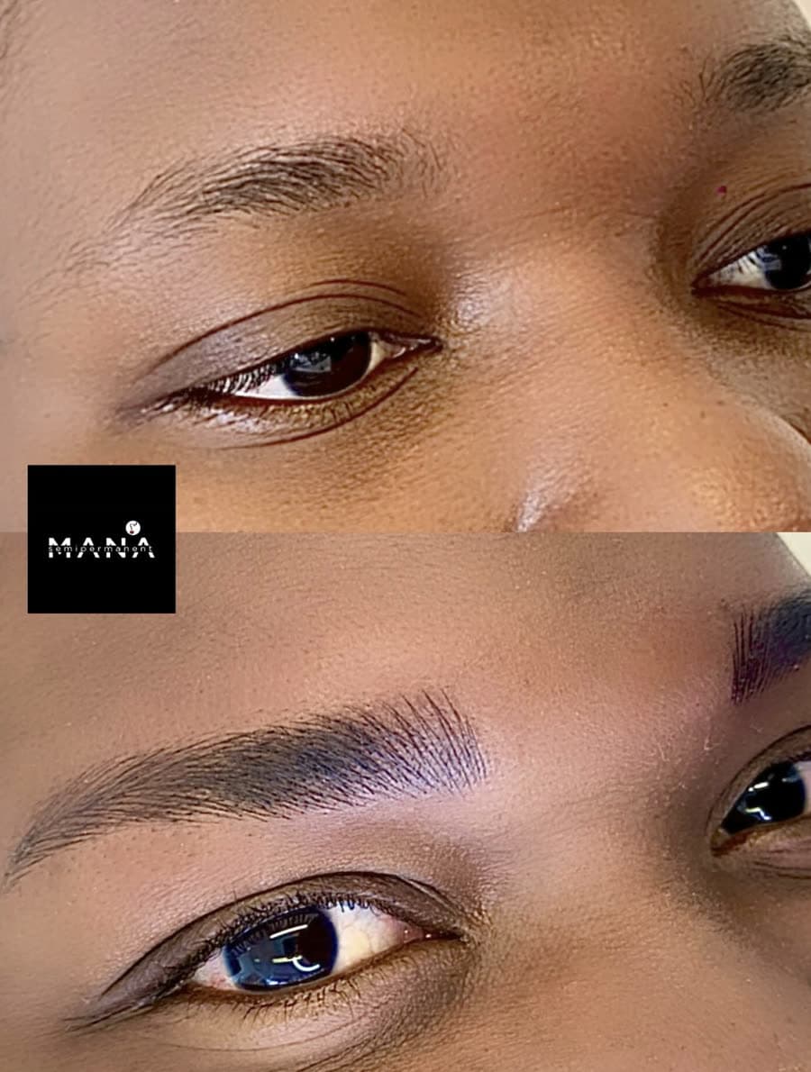 Microblading on Deeper Skin Tone A soft, natural eyebrow microblading result on deeper skin tone, carried out by Mana Semipermanent in Jesmond, Newcastle upon Tyne.