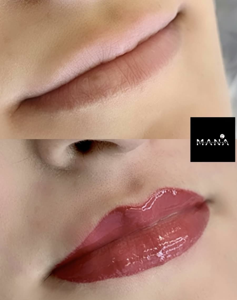 Lip Blush Before & After – Newcastle Mana Semipermanent's soft lip blush tattoo enhancing natural lip colour and shape, a semi-permanent makeup treatment in Jesmond, Newcastle upon Tyne.