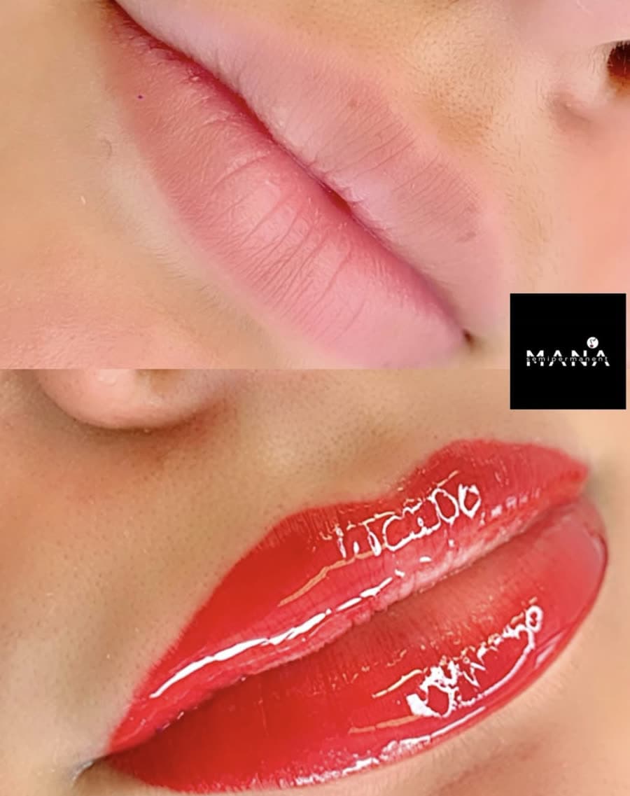 Bold Lip Blush Colour Result A vibrant, long-lasting lip blush result by Mana Semipermanent, the PHI Brows-certified semi-permanent makeup studio in Jesmond, Newcastle upon Tyne.