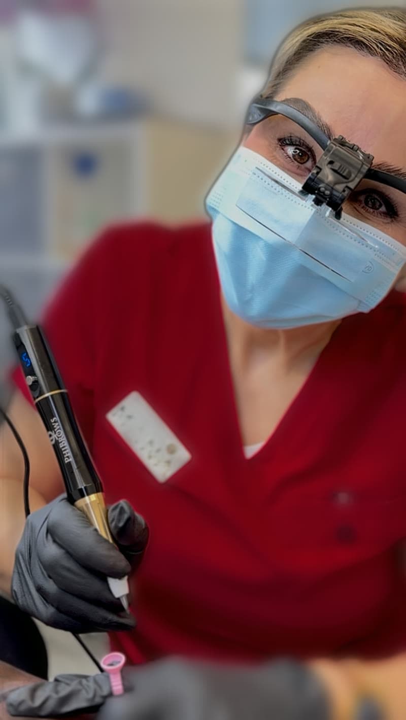 Mana at Work – Precision Microblading Mana, founder of Mana Semipermanent, performing precision microblading using magnifying loupes at the studio in Jesmond, Newcastle upon Tyne.