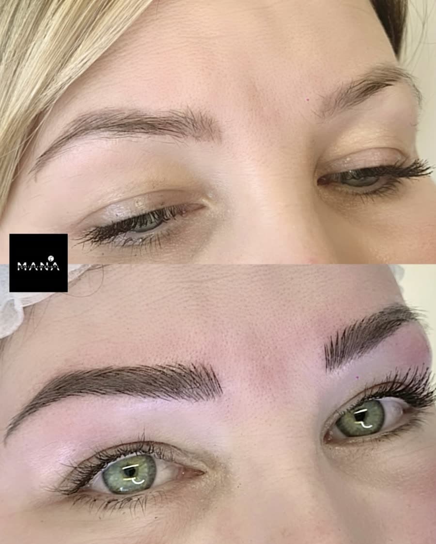 Soft Ombré Brows Result Natural ombré eyebrow microblading enhancing green eyes, completed at Mana Semipermanent, our semi-permanent makeup studio in Jesmond, Newcastle.